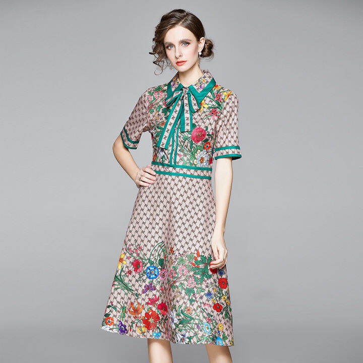 banulin-fashion-runway-design-summer-dress-womens-short-sleeve-turn-down-neck-bow-letter-floral-print-midi-dress-vestidos