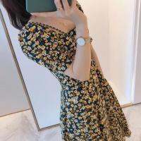 [Preferred] Fashion Floral Korean Elegant Bellflower Waist R Square Collar Large Size Loose Thin Dress