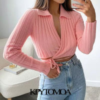 KPYTOMOA Women 2021 Fashion With Tied Wrap Cropped Knitted Cardigan Sweater Vintage Long Sleeve Female Outerwear Chic Tops