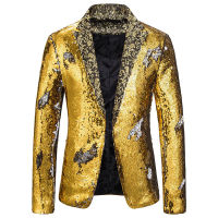 Mens Shiny Gold Sequins Blazer Shawl Lapel เสื้อสูทผู้ชายงานแต่งงานจัดเลี้ยงพรหม Tuxedo Blazers Stage Singer เครื่องแต่งกาย Homme