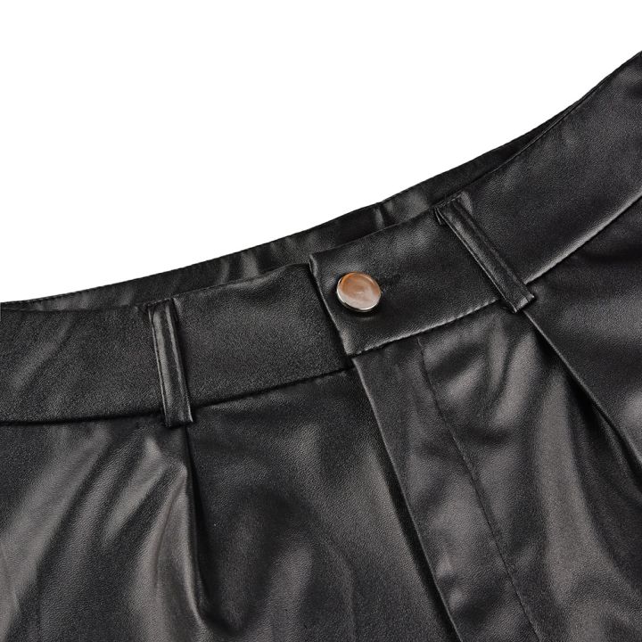 กางเกงหนังขาสั้นพื้นสั้นสีดำสำหรับผู้หญิงสไตล์อังกฤษหนัง-pu-สบายๆผู้หญิงกางเกงหนังขาสั้นเอวสูงกางเกงขาสั้นมีเข็มขัดผู้หญิง