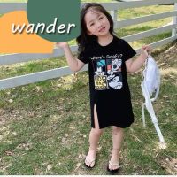 WANDER เสื้อผ้าเด็กผญ ชุดเด็กผู้หญิง ลายการ์ตูนน่ารัก กระโปรงเสื้อยืดเด็กผู้หญิงความยาวปานกลาง2372