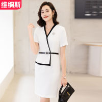 Summer Dress Slim-Fit Slimming Fake Two-Piece Elegant White V-Neck Short-Sleeved Professional Dress Womens Beauty Salon Workwear