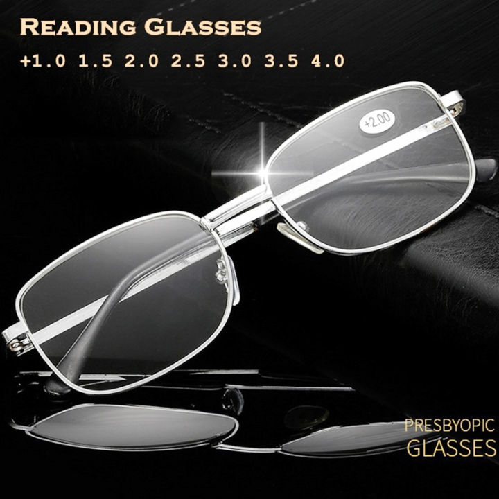 ผู้ชายแว่นตาอ่านหนังสือป้องกันรอยขีดข่วนเลนส์แก้วคริสตัลกรอบโลหะสี่เหลี่ยมสายตายาวองศา1-0ถึง4-0
