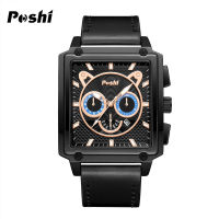 POSHI สี่เหลี่ยม watch นาฬิกาควอตซ์กันน้ำเรืองแสงสำหรับผู้ชายข้ามพรมแดนปฏิทินมัลติฟังก์ชั่นนาฬิกาหนัง