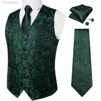 ☋ Luxury Men Black Green Vest Business Silk Mans Necktie Pocket Square Cufflinks Formal Gilet Homme Paisley Waistcoat for Wedding