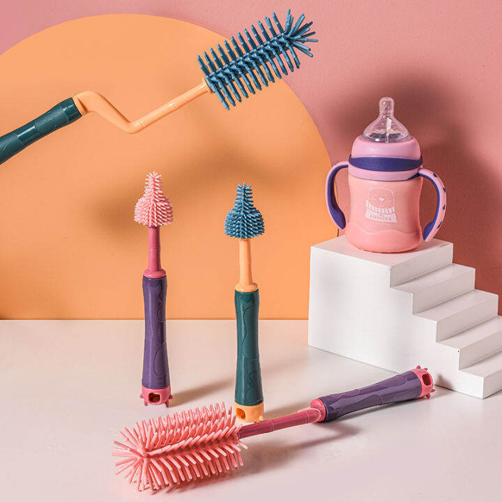 3Pcs Baby Feeding Bottle Cleaning Brush Rotary Handle Soft Silicone