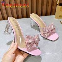 Street Fashion Girl Bow Crystal Slippers Sexy Transparent Dress Heel Shoes Summer Pearl Bowknot Design 2022 Elegant Party Sandal