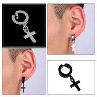 ต่างหู ไม่ต้องเจาะหู ตุ้มหู จิว ไม้กางเขน Cross Huggie Stud Earrings for Men Stainless Steel Earing Punk Male Costume Jewelry- 1 ชิ้น