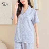 G&amp;G Nightwear รุ่น EN7P16 ชุดนอนเสื้อแขนสั้นคอปก + กางเกงขายาว ลายดอกไม้ ผ้าไหมอิตาลี สี BU