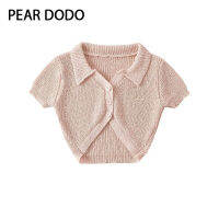 PEAR DODO เสื้อโปโลแขนสั้นแขนสั้นของผู้หญิงเสื้อคาร์ดิแกนแบบถักสำหรับหัวเข็มขัดใส่คอเกาหลี