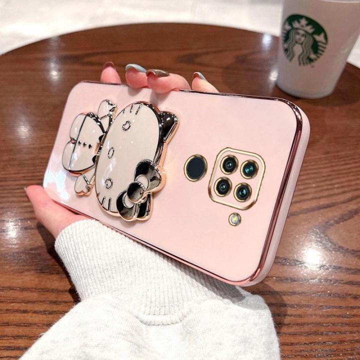 folding-makeup-mirror-phone-case-for-xiaomi-redmi-note-9-4g-case-fashion-cartoon-cute-cat-multifunctional-bracket-plating-tpu-soft-cover-casing