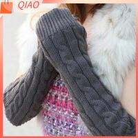 QIAO Solid Autumn Spring Twist Fingerless Gloves Women Long Knit Mitten Arm Warmer Winter