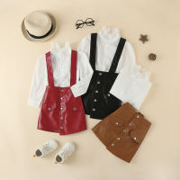 【Forever CY Baby】Girl Outfits Two Pieces Set, Floral Lace Collar Long Sleeve Solid Color Shirt PU Leather Button Suspender Skirt