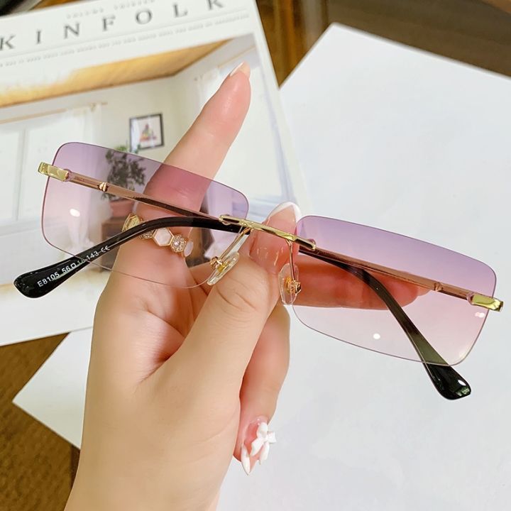 แว่นตากันแดดแว่นตากันแดดทรงเหลี่ยมแบบวินเทจขนาดเล็กใหม่แว่นตากันแดดไร้ขอบของผู้หญิงแว่นตา-uv400โลหะหรูหรา