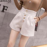 korean style Casual Shorts Women autumn high Waist A line Woolen Single-breasted winter Thicken Black Wide leg shorts feminino