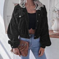 Casual corduroy lantern sleeve jacket ladies fallwinter fashion lapel BF wind jacket loose solid color high street short jacket