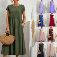 【CW】Women Vintage Solid Dress 2023 Summer Elegant O Neck Short Sleeve Cotton Linen Dresses Female Casual Loose Sundress Long Dress