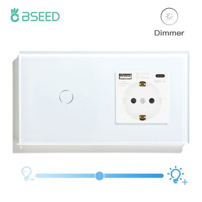 ✔❈☋ BSEED 1Gang Led Dimmer Touch Switch 1Way Wall Light Dimmer Plus EU Power Socket With USB Type-c Crystal Panel Blue Backlight