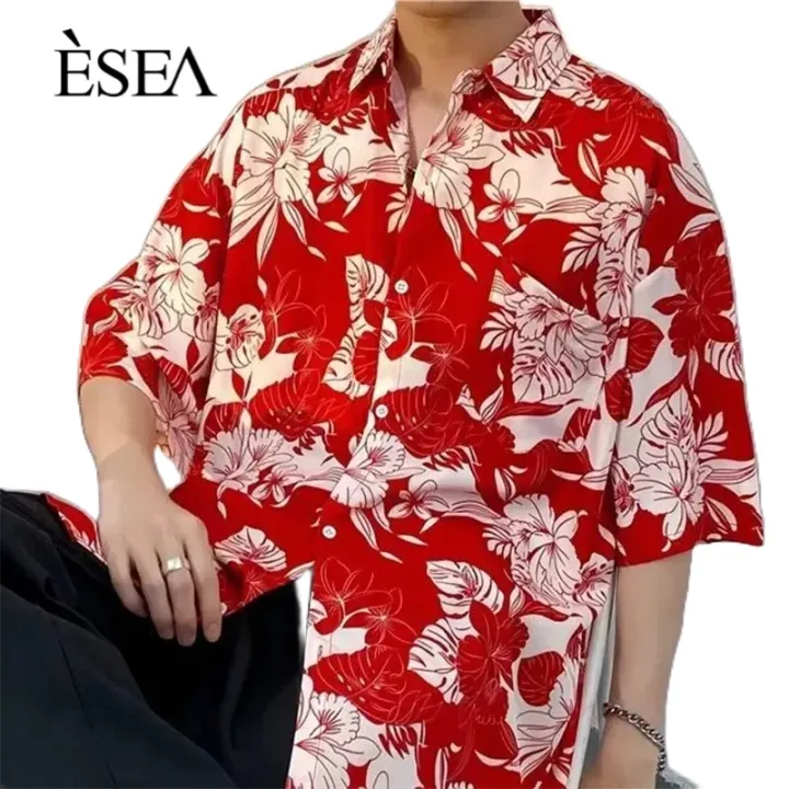 esea-เสื้อเชิ้ตผู้ชายหล่อหลวมคู่สไตล์ฮ่องกงฮาวายแขนสั้นผู้ชายเทรนด์แฟชั่นเสื้อเชิ้ตลำลองผู้ชาย