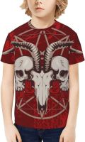 Kids T-Shirt Short Sleeve Baphomet Horned Goat Skull with Roses Boys Girls Tee Shirts Tops