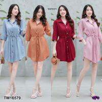 P16579 Mini dress ปกเชิ้ตแขน 5 ส่วน โบว์ผูกเอว..