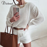 DICLOUD Hollow Jumper Woman Long Sleeve Round Neck Knitted Sweater New Elegant White Loose Fit Lady Solid Pullovers Fashion