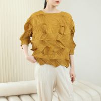 ✔▤◆ Aiden001 One Size Autumn Spring Summer Loose Large Size Casual Diamond Pleated T-Shirt 6612