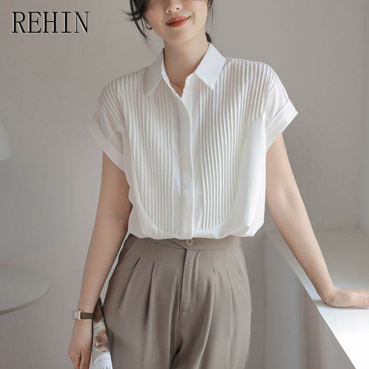 rehin-สีขาวเสื้อเชิ้ตเสื้อผู้หญิง-สไตล์ฤดูร้อนสดใสเรียบง่ายสวมใส่ได้หลายโอกาสการออกแบบที่ไม่เหมือนใครเสื้อหรูหราแขนสั้น