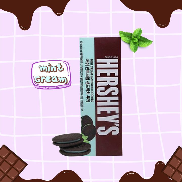 ขนมเกาหลี-hersheys-choco-and-mint-cream-sandwich-cookies-เฮอร์ชี่ส์สอดไส้ครีมรสช็อคโกแลตและมิ้นท์-นำเข้าจากเกาหลี