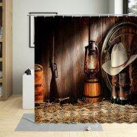 Western Decor Shower Curtain American Country Music Guitar Cowboy Boots USA Folk Culture Pattern Waterproof Fabric Curtains