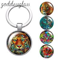 New Art Animals Tiger Cat Owl Lion Face Drawings glass cabochon keychain Bag Car key chain Ring Holder Charms keychains gift Key Chains