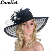 [hot]Lawliet Women Dress Hats Church Wedding Kentucky Derby Wide Brim Feather Veil Sun Hat Female Floppy Hats for Summer A265