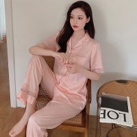 【jw】❣✿✹  Womens Short Sleeve Silk Nightwear  Hollow Temperament Dot Cardigan Pajama Sets