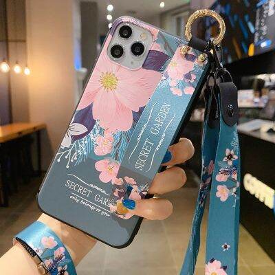 2 Socouple เคสที่วางโทรศัพท์สำหรับ11 12 13 14 Pro Max XR X Xs Max เคสสายคล้องข้อมือคอ TPU นิ่มลายดอกไม้สีสันสดใส