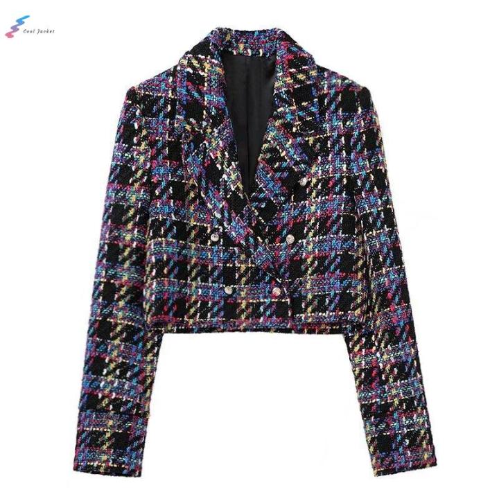 【C&l】 Jacket 2023 Lapel Long Sleeve Colored Plaid Double Breasted Short ...