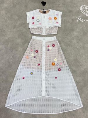 P014-028 PIMNADACLOSET - Floral Collared Neck Crop Top Buttom Down Skirt Set