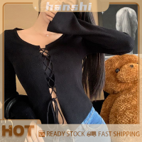 hanshi [2023 new HOT FASHION] lazlook เสื้อสเวตเตอร์ถักแบบสวมหัวคอกลมแขนยาวผูกเชือกเซ็กซี่ฤดูใบไม้ร่วง