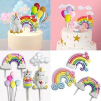 {AMUB} Rainbow เค้ก Topper วันเกิดเค้กบอลลูนเมฆยูนิคอร์นเค้กตกแต่ง Topper Happy Brithday Party Decor เด็ก1st Unicorn Party