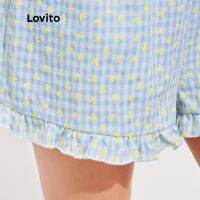 Lovito จั้มสูท มีสายรัด ขอบจีบ แบบบาน สีพื้น สไตล์วินเทจ L16D041(สีเขียว)