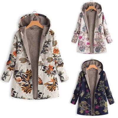 2021 New Women Winter Warm Floral Hooded Jacket Flower Print Hoody Vintage Oversized Coats Winter Padded Jacket Women Parkas