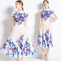 【LZ】❆  Mulheres com estampa Floral Vintage O-Neck manga curta blusa de camisa ternos de saia plissada Midi roupas de verão novos conjuntos 2pcs