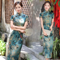 ฤดูร้อนใหม่ Qipao ยาวแขนสั้นภูมิทัศน์ผ้าไหมและซาตินแฟชั่นทุกวัน Elegant Lady Cheongsam กระโปรงสำหรับผู้หญิง