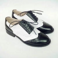 Four Seasons Hot Genuine leather Black+white sapato women oxford shoes leisure Derby Flat shoes Wing Tip Shoes