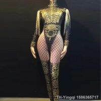 【hot】◘  Gold Fringes Epaulet Rhinestones Jumpsuit Gogo Jazz Stretch Bodysuit Outfit Evening Wear