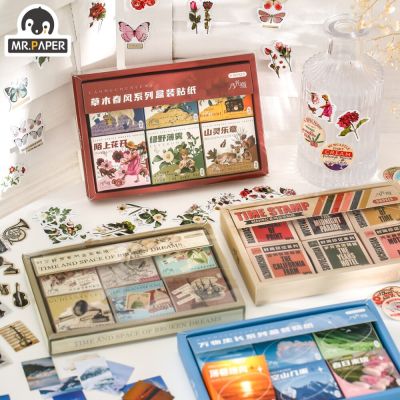 Mr.Paper 4 Style 300 Pcs/Box Vintage Poster Boxed Sticker Literary Aesthetic Flower Hand Account Decorative Stationery Stickers
