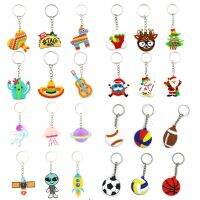 6pcs Cartoon Animal Dog Lion Flower Cat Keychain Creative Metal Fashion Mexican cactus hat horse guitar  PVC Pendant Small Gift Key Chains