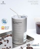 แก้วเก็บความเย็น 600ml เก็บความร้อน สแตนเลส 304 แก้วกาแฟ กระติกเก็บความเย็น coffee cup stainless แถมหลอดสแตนเลส gray