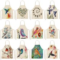 1Pc Bird Flower Branch Printed Kitchen Aprons for Women Household Cleaning Accessories Cotton Linen Cooking Apron 55x68cm Aprons