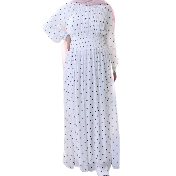 ผู้หญิงมุสลิมแขนยาว-polka-dot-ชีฟอง-maxi-smocked-เอวคอเต่า-kaftan-อาหรับอิสลาม-ramadan-abaya-robe
